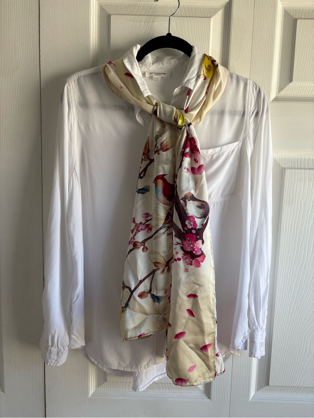 Luxury 100% Charmeuse Silk Long Scarf Cherry Blossom Bird Floral Novelty Academi